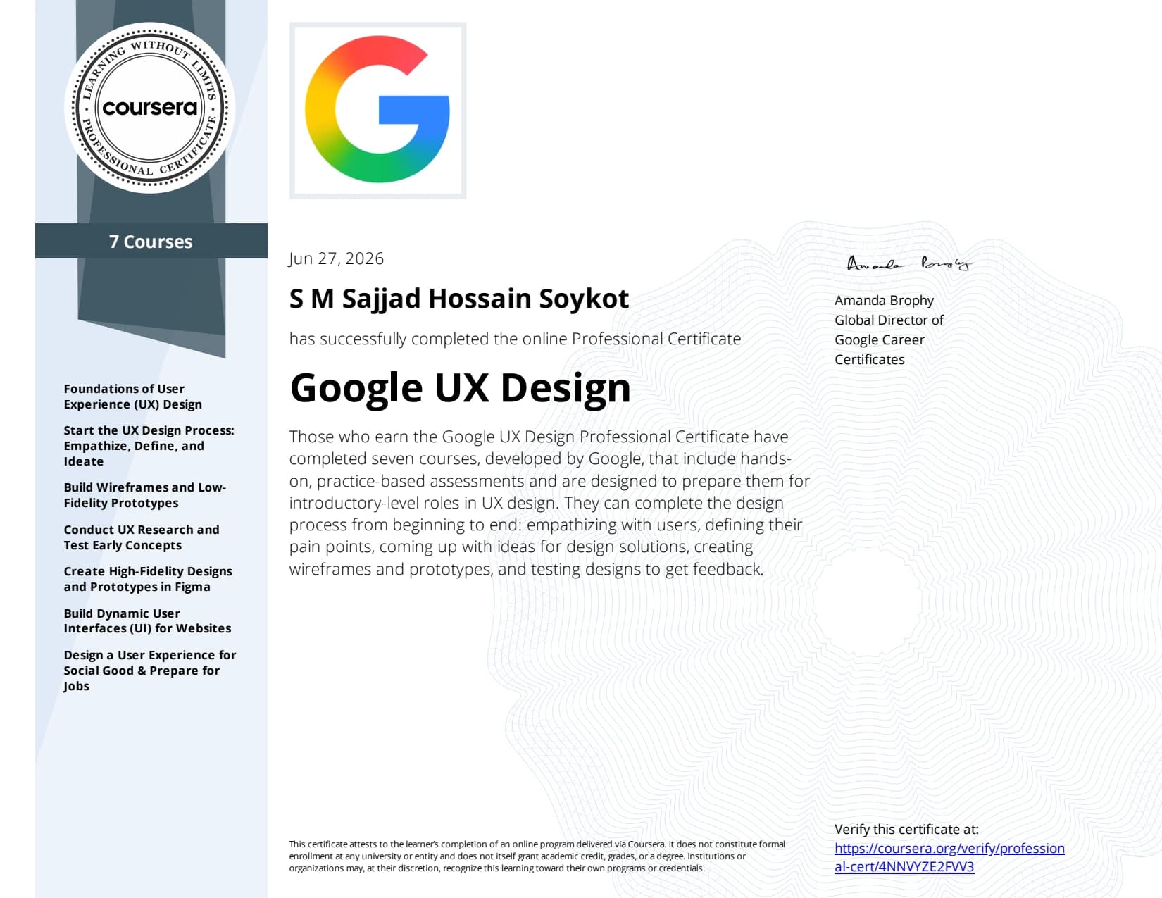 Google UX Design Professional Certificate certificate preview
