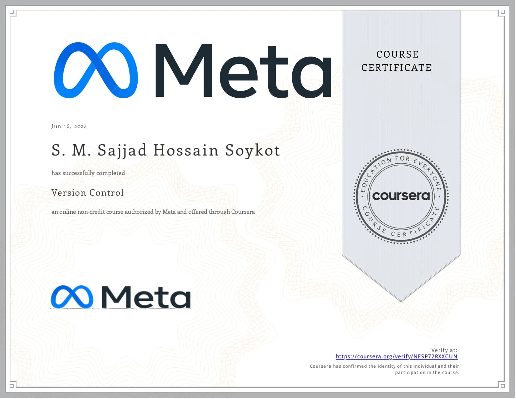 Version Control certificate preview